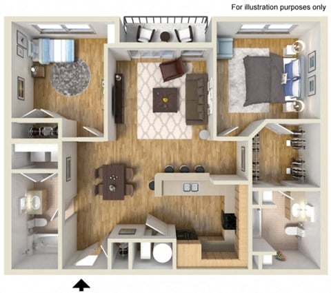 Floor plan for 2 beds, 2 baths, 1043 sqft